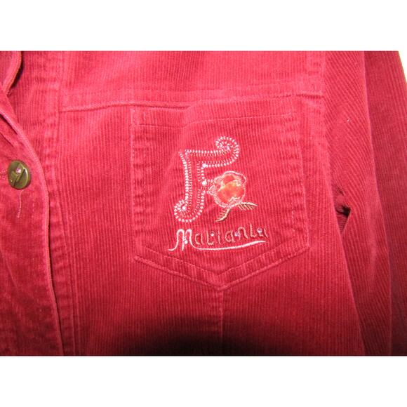 Malianlu Red Corduroy Jacket L Embroidered Roses Button Front Retro - Picture 2 of 6